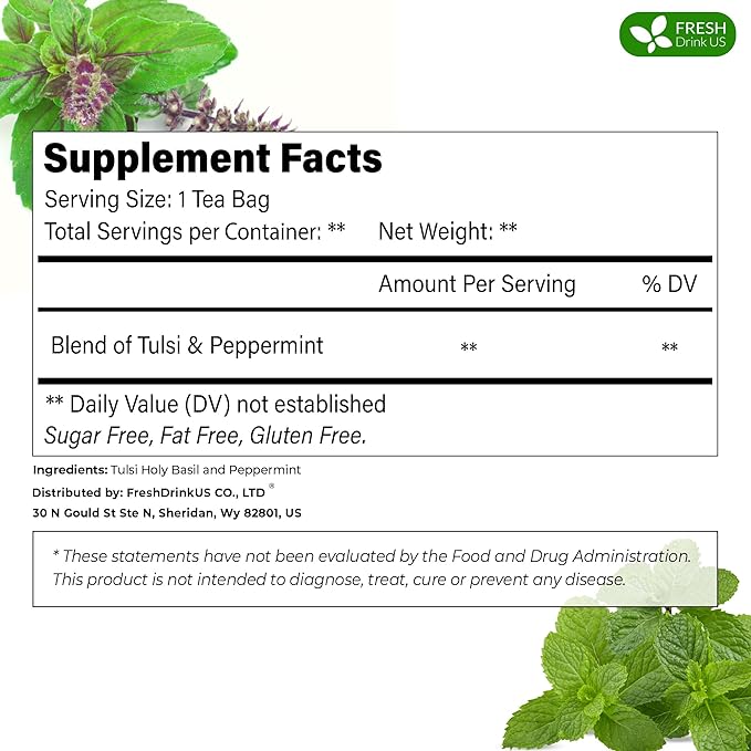FreshDrinkUS, Premium Tulsi Peppermint Herbal Tea – 75 Tea Bags, 100% Natural, Blend of Tulsi Holy Basil Leaves, and Peppermint Leaves. Made with Natural Material Tea Bags. No Sugar, Vegan. - Bloomnest
