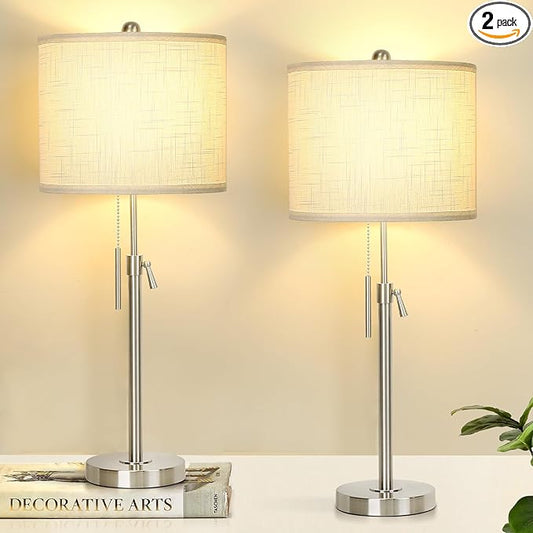 Brushed Nickel Table Lamps Set of 2: 22" to 30" Height Adjustable Nightstand Lamps with White Linen Shade | Pull Chain Switch | Silver Pole Beside Lamp for Living Room Bedroom - Bloomnest