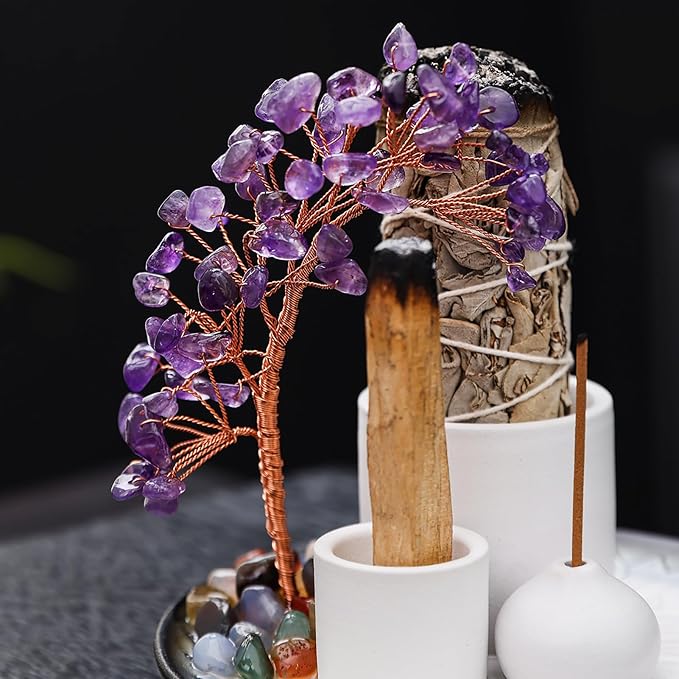 5 in 1 Incense Burner Holder with Crystal Tree for Burning Palo Santo Stick, Sage, Incense Sticks, Candle, Ceramic Tray Ash Catcher, Meditation Gift (Purple) YIENENG