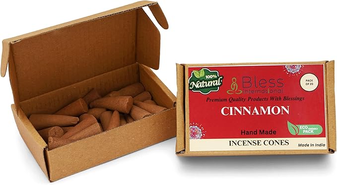 Bless International Cinnamon 100%-Natural-Incense-Cones Handmade-Hand-Dipped Organic-Chemicals-Free for-Purification-Relaxation-Positivity-Yoga-Meditation The-Best-scents (20 Count) BlessInternational