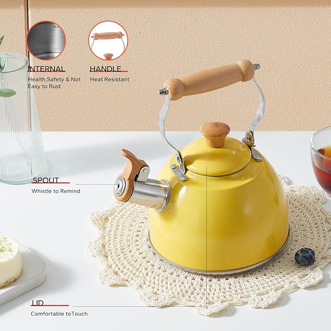 ROCKURWOK Tea Kettle, Tea Pot with Cool Touch Ergonomic Handle, Teapot Food Grade Stainless Steel, Tea Kettle Stovetop, Kettle Teapot, Whistling Tea Kettle, Small Tea Kettles, 1.6 Quart (Yellow) - Bloomnest