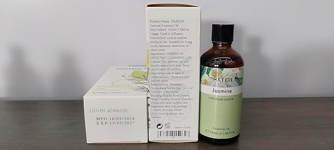 PHATOIL 3.38FL.OZ Jasmine Essential Oil with Glass Dropper, for Aromatherapy Diffusers, Humidifiers, Great for DIY Candle and Soap Making, Huge 100ML Bottle PHATOIL