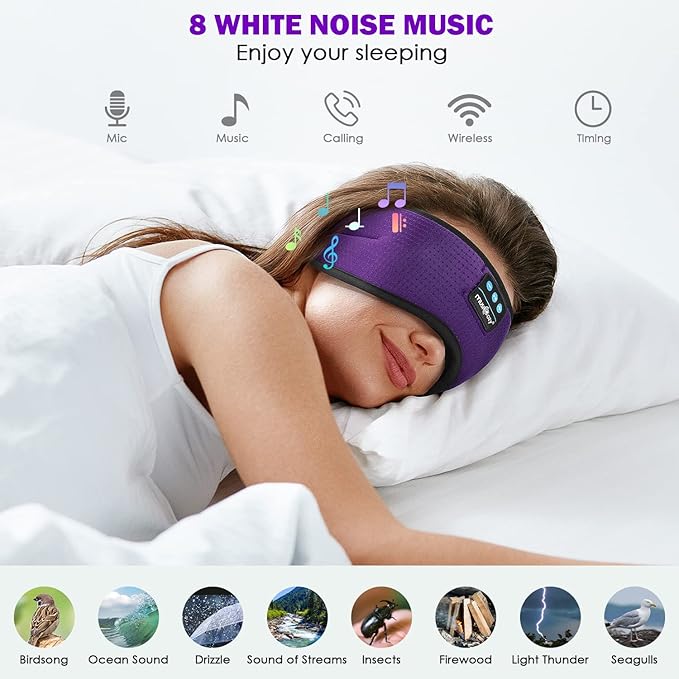 MUSICOZY White Noise Bluetooth Sleep Mask with 8 Soothing Sounds & 3D Wireless Sleep Headphones, Bluetooth Sleeping Headphones for Yoga Travel Office Relaxation, Tech Gadgets Gifts, Lavender Purple - Bloomnest
