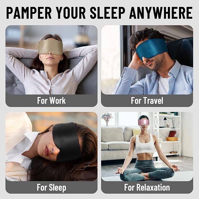 100% Mulberry Silk Sleep Mask, Large Eye Cover for Sleeping, Comfortable and Pressure-Free Sleeping Masks for Women Men, Completely Blackout (Black) - Bloomnest