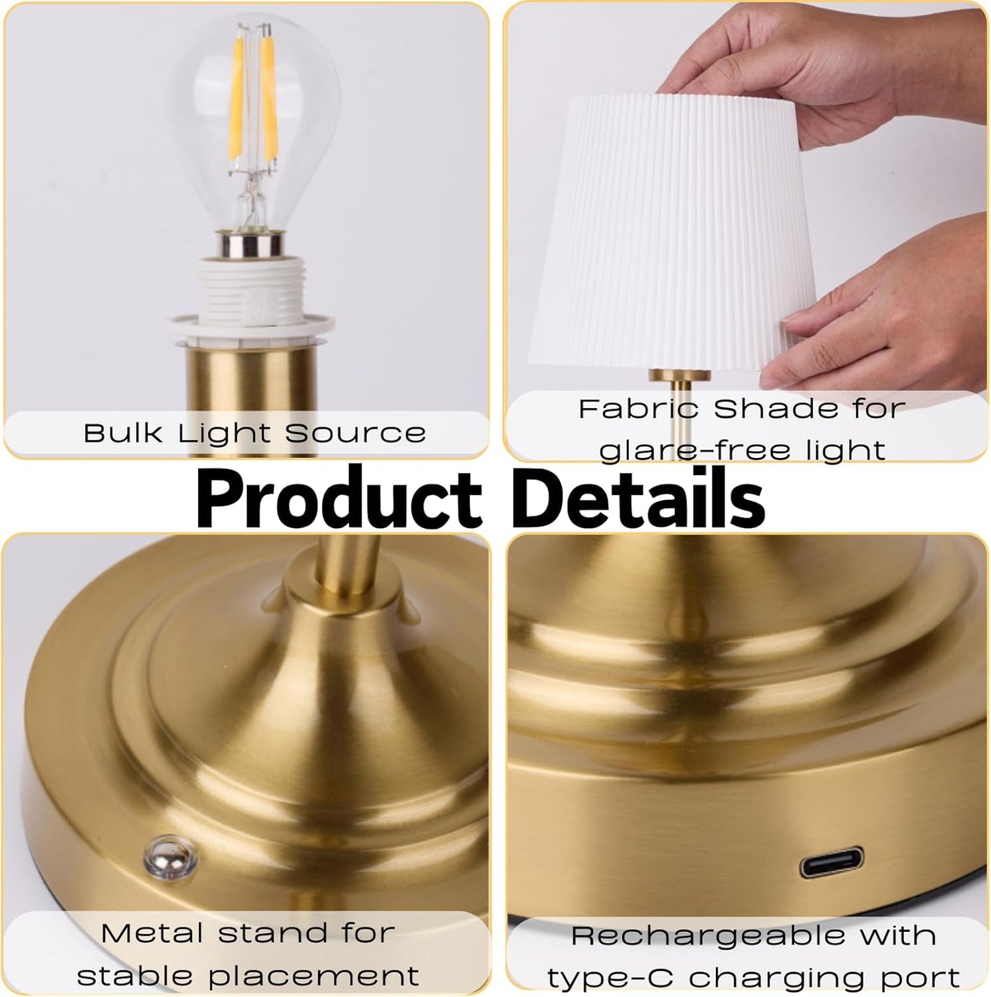 Rechargeable Table Lamp, Cordless Touch Lamps, Portable Desk Light with Stepless Dimmable Brightness & Fabric Shade for Nightstand Bedside Living Room (Gold, Twill)