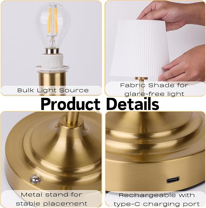 Rechargeable Table Lamp, Cordless Touch Lamps, Portable Desk Light with Stepless Dimmable Brightness & Fabric Shade for Nightstand Bedside Living Room (Gold, Twill) - Bloomnest