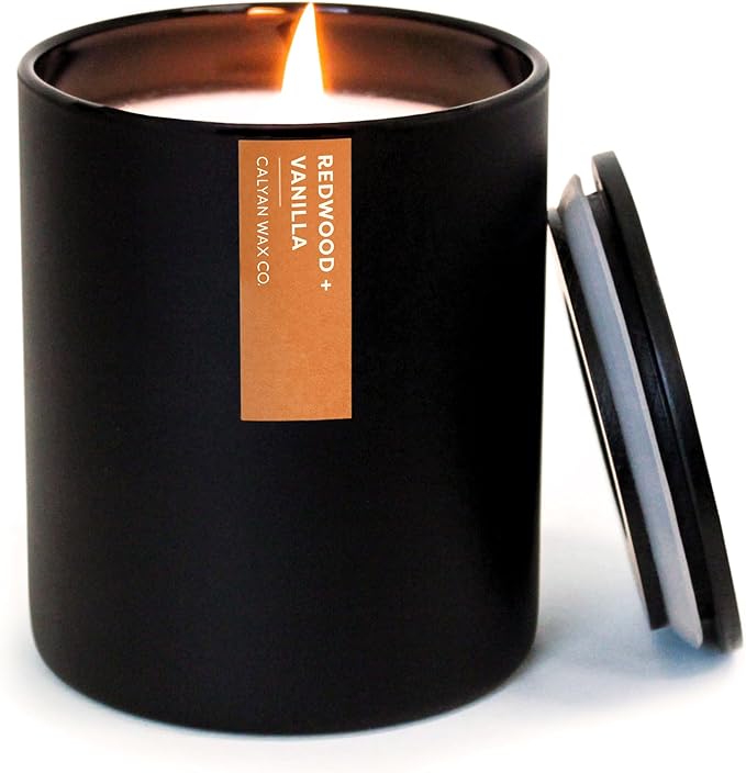Calyan Wax Co. Redwood & Vanilla Scented Candle - 75 Hour Burn - Luxury Non Toxic Soy Wax Candles - Long Lasting Black Tumbler Jar Candle for Home - 10.2oz - Bloomnest
