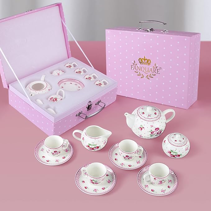 fanquare Pink Roses Porcelain Tea Set for Little Girls, Small Floral Tea Set with Box for Kids Party - Bloomnest