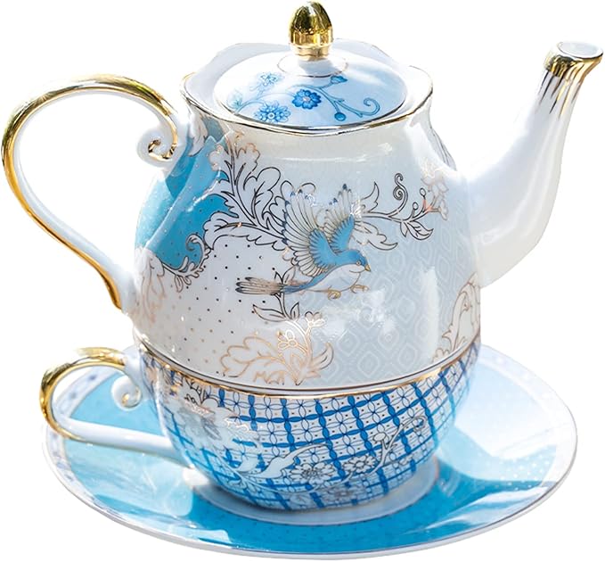 ACMLIFE Tea for One Teapot and Cup, Vintage Floral Porcelain Tea Set for One, Bone China Teapot with Cup Set, Tea Pot Gift for Women (Blue-B) - Bloomnest