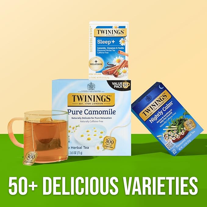 Twinings Superblends Sleep+ Herbal Tea with 1mg Melatonin Camomile, Cinnamon & Vanilla, Naturally Caffeine-Free, 16 Tea Bags (Pack of 1), Enjoy Hot or Iced
