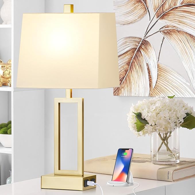 23.5" Touch Control Table Lamps, Metal Bedside Lamp for Bedroom Set of 2 with USB A+C Ports & AC Outlet, 3-Way Dimmable Nightstand Lamp for Living Room (LED Bulb Included) - Bloomnest