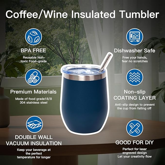 12oz Stainless Steel Wine Tumbler with Lid & Straw, Double Wall Vacuum Coffee Mug Insulated Tumbler Cup for Champaign, Cocktail, Beer, Coffee - 12 Pack - Bloomnest
