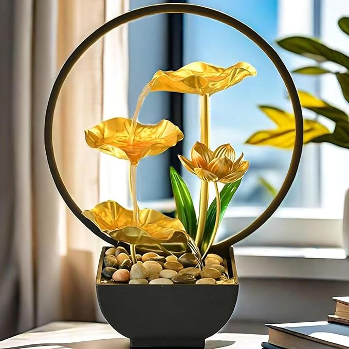 Tabletop Water Fountain with Led Light, Gold Lotus Waterfall Fountain Indoor 11 in USB Powered Flower Waterfall Zen Table Fountains with 1 Replacement Water Pump - Bloomnest