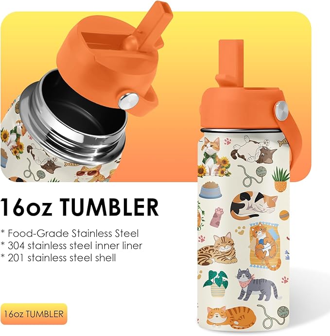 Cat Gifts for Kids - 16 Oz Orange Cat Water Bottle with Straw Lid, Stainless Steel Insulated Tumbler, Leak Proof, for Boys & Girls, School, Travel - Funny Cats Lovers Children Birthday Gifts Cups(1pc) - Bloomnest