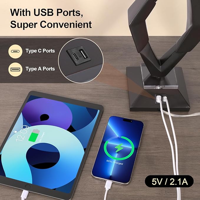 Scenekoy Sculptural Resin Table Lamp Set of 2 with USB Ports for Bedroom Living Room, 26” Black-Brown Dual Pull Chains Bedside Lamps, Nightstand Lamp for Home Room Decor (Bulbs Included) - Bloomnest