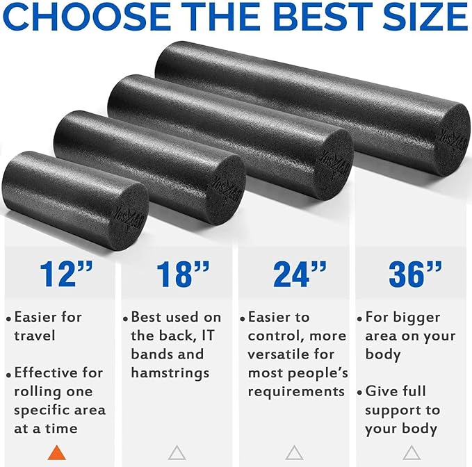 Yes4All Medium Firm Round PE Foam Roller 12, 18, 24, 36 Inches for Pilates, Yoga, Stretching, Balance & Core Exercises - Bloomnest