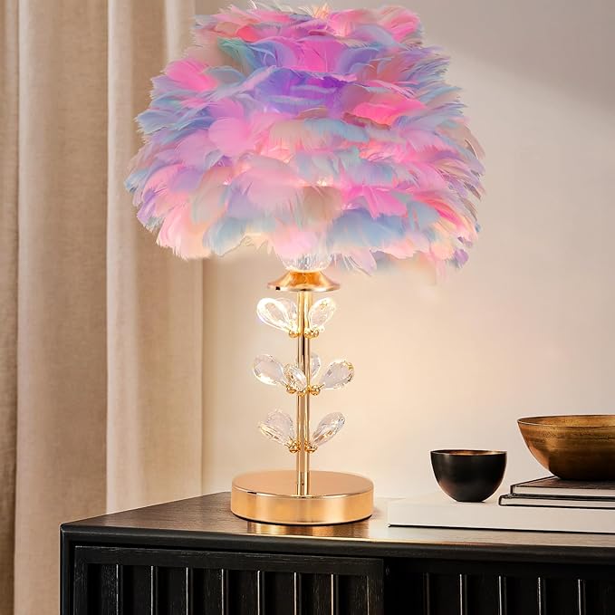 Colorful Feather Lamp Romantic Bedside Nightstand Lamp Creative FfluffyTable Lamp Modern Furry Desk Light for Princess Girls Bedroom Living Room Wedding Christmas Gift Deco Entry Office - Bloomnest