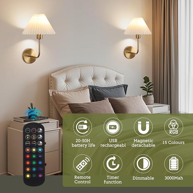 Wireless Wall Sconce Sets of 2, Pleated Shades Rechargeable Battery Operated Wall Sconce, Retro Industrial Gold Wall Lights Bathroom Vanity Sconces, Wall Mounted Lamps for Bedroom Living Room Kitchen - Bloomnest