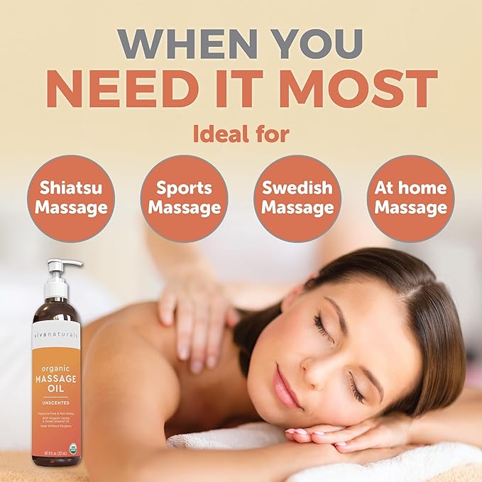 Viva Naturals Organic Massage Oil Unscented (8 fl. oz.) - Non-Greasy Body Oil with Mess-Free Pump, Moisturizing Massage Oils for Massage Therapy, Non-GMO and Certified Organic, 237 mL - Bloomnest