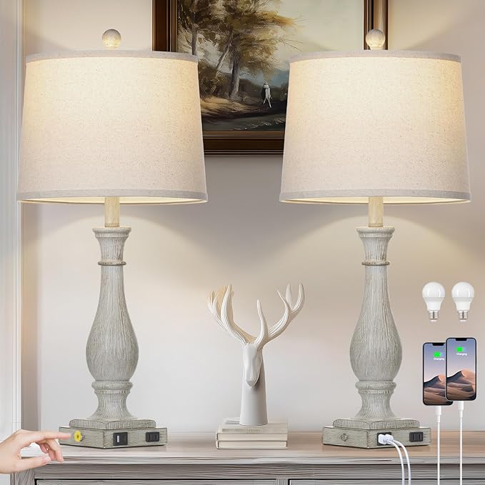 27.5" Grey Farmhouse Lamps Set of 2, Vintage Living Room Table Lamps with USB C+A Ports & AC Outlet, 3-Way Touch Control Bedside Lamp, Rustic Resin Bedroom Lamp for Nightstand Side Table Desk - Bloomnest