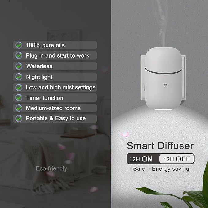 Plug in Waterless Diffuser, Up to 500 Sq. FT Coverage, Essential Oil Diffuser for Home, Office, Hotel, Small Wall Silent & Waterless Oil Diffuser for Scent Air - Bloomnest