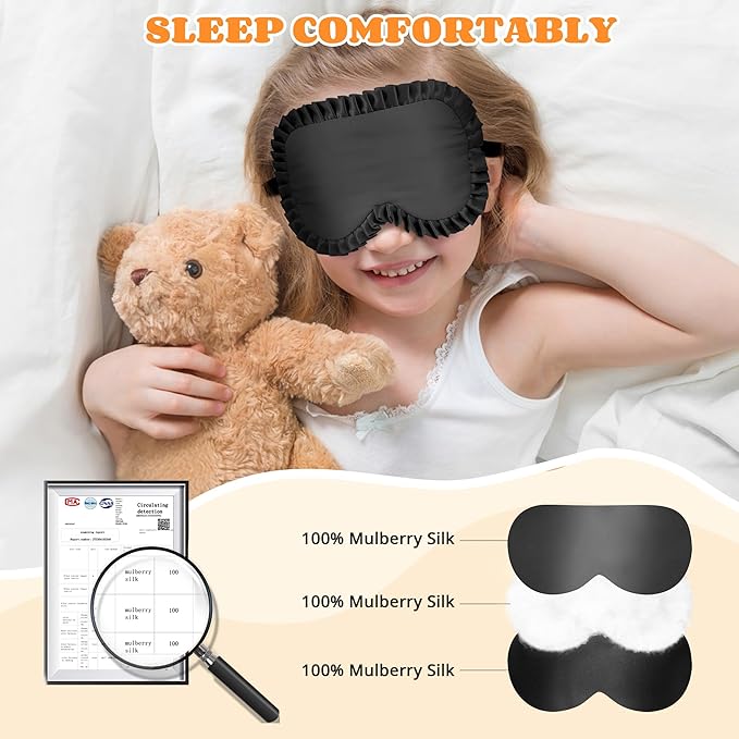 Kids Sleep Mask Eye Cover, 100% Real Mulberry Silk Sleep Mask with Adjustable Strap, Kids Blindfold for Sleeping, Boys Girls Eye Shade for Ages 5+, Soft and No Pressure (Black) - Bloomnest