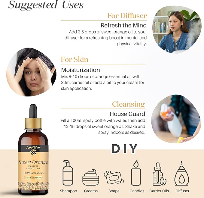 Avatra Brazilian Sweet Orange Essential Oil 100ml (3.38oz) - 100% Pure & Natural Orange Oil with Glass Dropper & Travel Bottle - Premium Essential Oil for Diffuser, Aromatherapy, Massage & DIY Candles - Bloomnest