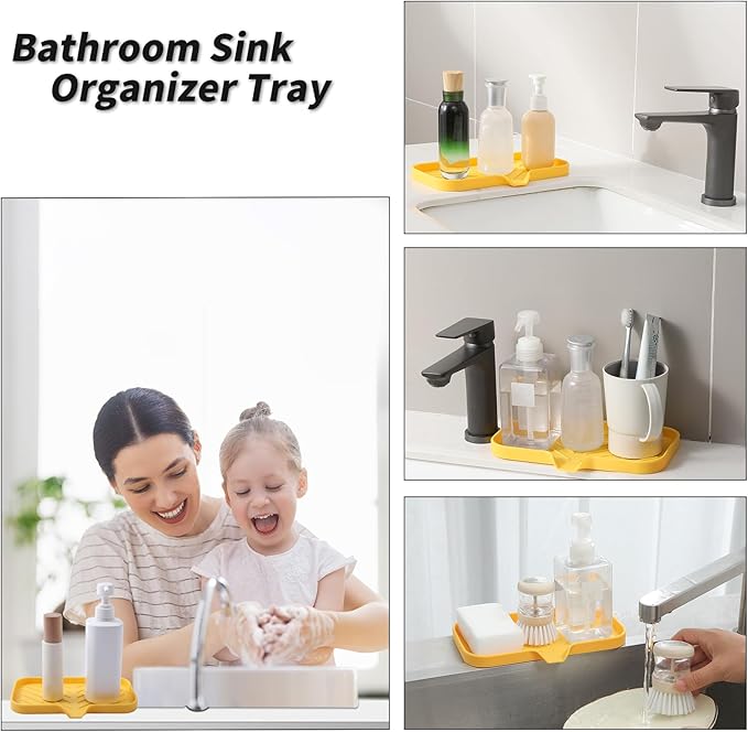 Silicone Bathroom Soap Dishes with Drain Spout-Bathroom and Kitchen Sink Organizer,Sponge Holder,Dish Soap Tray,Perfect for Dispenser,Scrubber,Bottle,Cup on Sink or Counter-Yellow 9.6"×5.3" - Bloomnest