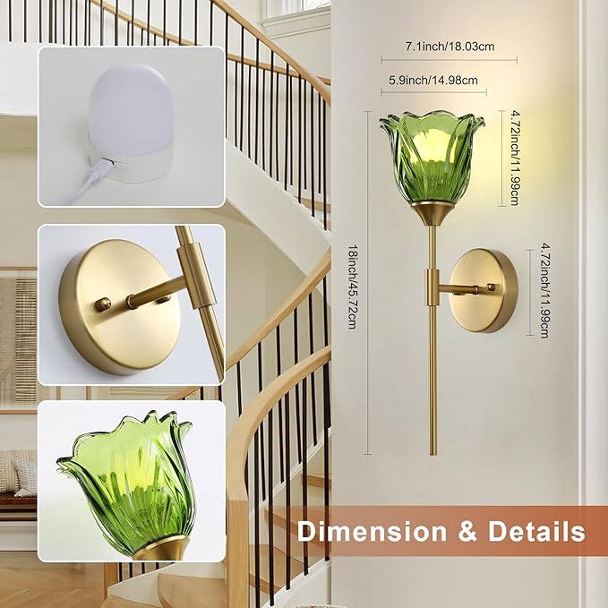 2 Pack Battery Operated Wall Sconce with Green Glass Lampshade, Mid Century Bathroom Vanity, Wireless Rechargeable RGB Wall Light with Remote Control, for Bedroom Mirror Living Room - Bloomnest