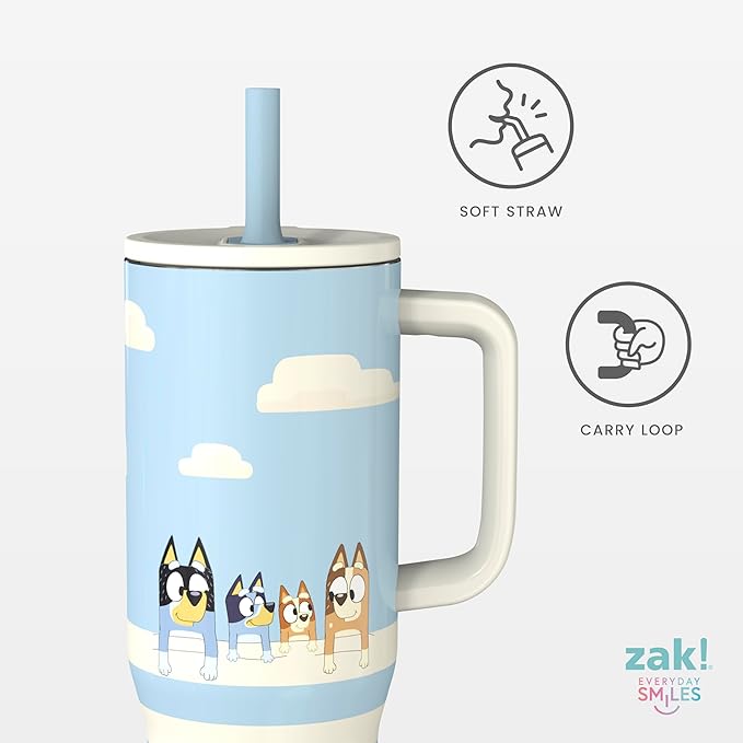 Zak Designs Bluey Sutton Travel Tumbler for On the Go, 30oz Stainless Steel with Vacuum Insulation, Silicone Straw, and Carry Handle for Cold Drinks (Bluey, Bingo, Bandit, Chilli) - Bloomnest