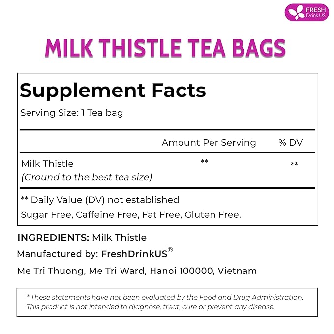 FreshDrinkUS, Premium 75 Milk Thistle Tea Bags, 100% Natural & Pure from Milk Thistle Seeds. Milk Thistle Seed Herbal Tea. Made with Natural Material Tea Bags. No Sugar, No Caffeine, No Gluten, Vegan. - Bloomnest