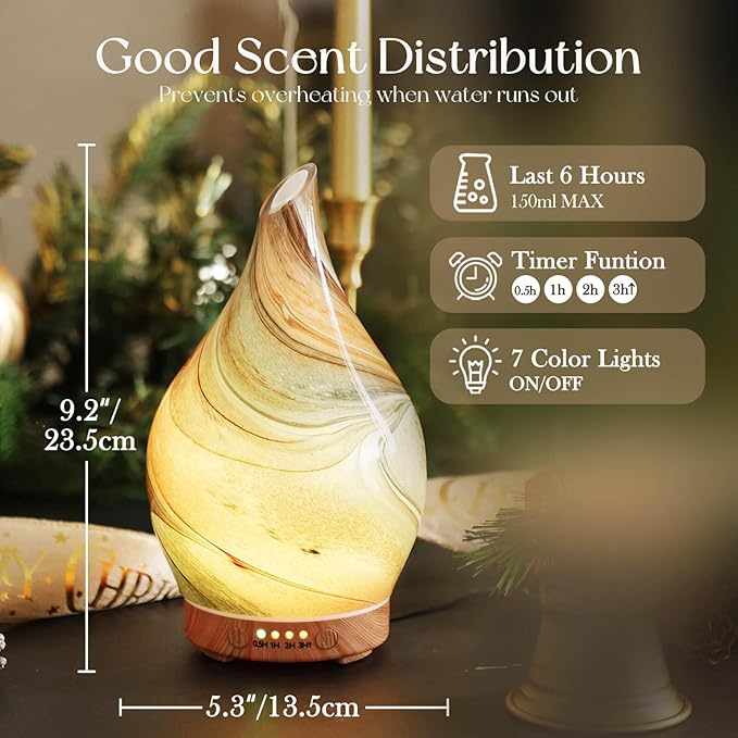 Porseme 150ml Glass Essential Oil Diffuser Aromatherapy Ultrasonic Cool Mist Humidifier 6 Running Hours Waterless Auto-Off Air Diffusers for Sleeping,Yoga,Office Working Spa and Rest (Deep Desert) - Bloomnest