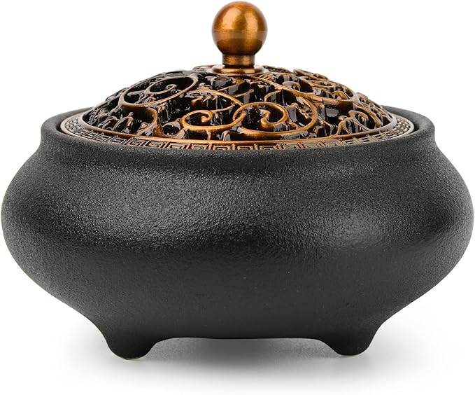 Ceramic Incense Burner with Incense Stick Holder,Use for Stick/Coil Incense,Sage, Mosquito Incense and Charcoal,Handmade for Cleansing House Negative Energy & Other Smudging Rituals (Black) - Bloomnest