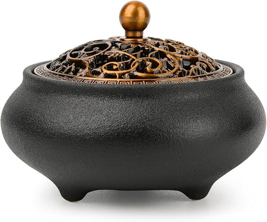 Ceramic Incense Burner with Incense Stick Holder,Use for Stick/Coil Incense,Sage, Mosquito Incense and Charcoal,Handmade for Cleansing House Negative Energy & Other Smudging Rituals (Black) - Bloomnest