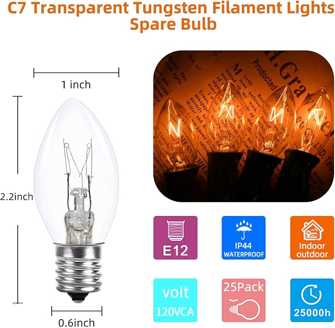 25 Pack Clear Christmas Lights C7 Incandescent Replacement Bulbs, C7 Vintage Christmas Lights Outdoor 5 Watts Night Light Bulbs Fits in C7/E12 Base for Indoor and Outdoor Home Party Decorations - Bloomnest