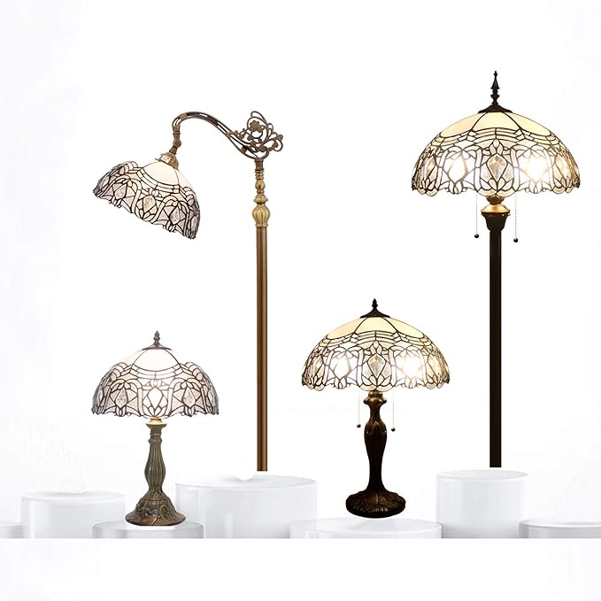 WERFACTORY Tiffany Lamp White Bent Stained Glass Bedside Table Lamp Desk Reading Light 12X12X18 Inches Decor Bedroom Living Room Home Office S508W Series - Bloomnest