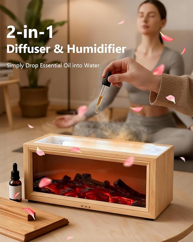 Essential Oil Diffuser, 7-Color Fireplace Fire Flame Aromatherapy Humidifier, 280ml Ultrasonic Aroma Diffuser Valentine's Day Gift with Time Sets and Remote Control for Bedroom Home Yoga Office - Bloomnest