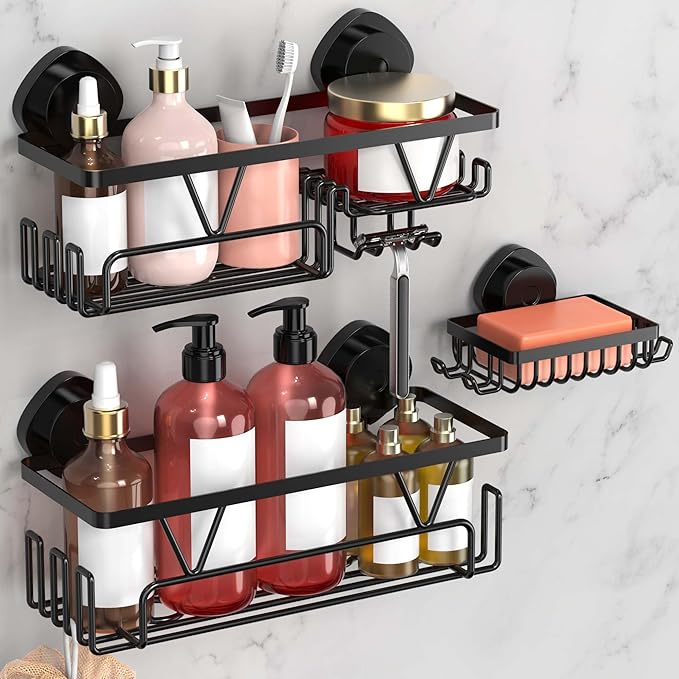 KEGII Shower Caddy Suction Cup, 3 Pack Removable Shower Shelves with Hooks & Soap Holder, No Drilling Bathroom Organizer, Waterproof Suction Storage for Inside Shower, Black - Bloomnest