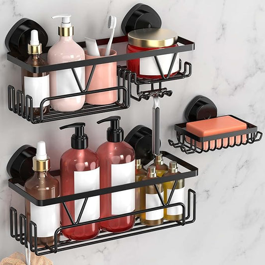 KEGII Shower Caddy Suction Cup, 3 Pack Removable Shower Shelves with Hooks & Soap Holder, No Drilling Bathroom Organizer, Waterproof Suction Storage for Inside Shower, Black - Bloomnest