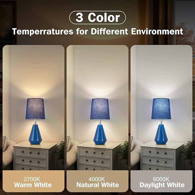 Small Bedside Table Lamp for Bedroom - Reading Desk Lamp with 3 Color Temperatures，15.5" Nightstand Ceramic Lamp with Fabric Shade for Kids Room,Living Room,Dorm,Home Office (Blue) - Bloomnest