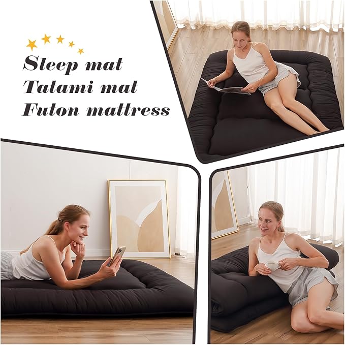 Japanese Floor Mattress, Futon Mattress with Portable Storage Bag and Washable Cover, Roll Up Thick Tatami Mat Suitable for Camping, Guest Room, Black, Queen - Bloomnest