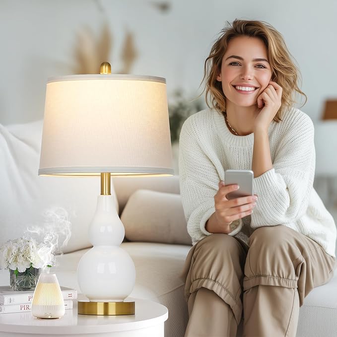 Ceramic Table Lamp for Living Room, 25" Modern Double Gourd Ceramic Lamp for Bedroom White Farmhouse Rustic Classic Bedside Lamp with Round Fabric Shade for Night stand Desk End Tables(Bulb Included) - Bloomnest