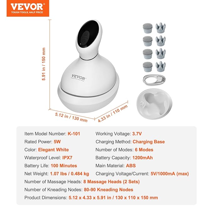 VEVOR Electric Scalp Massager, Rechargeable Head Massager Hair Growth, IPX7 Waterproof | Portable Kneading Scalp Scratcher with 8 Removable Massage Head for Stress Relief, Deep Clean, Gift for Mom/Dad VEVOR