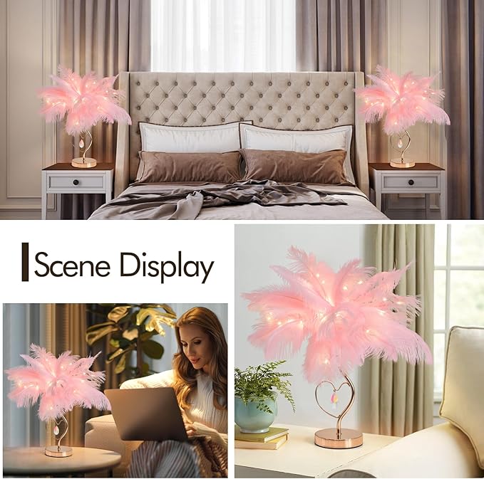 Pink Ostrich Feather Lamp Creative Furry Bedside Lamp Romantic Feather Table Lamp Fluffy Nightstand Light for Girl Bedroom Wedding Decor Valentines Dating Livingroom Hotel Office Christmas - Bloomnest