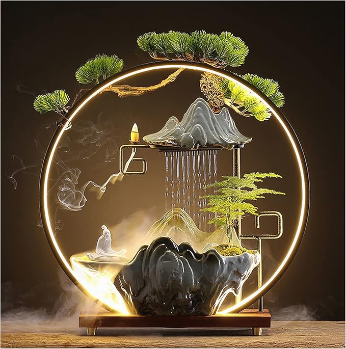 Elder Tabletop Indoor Water Fountains Waterfall with LED Light Zen Decor for Meditation with Mist Japanese Decor with Fake Plants Feng Shui Decor for Good Luck Wealth - Bloomnest