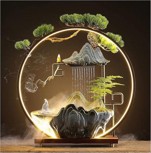 Elder Tabletop Indoor Water Fountains Waterfall with LED Light Zen Decor for Meditation with Mist Japanese Decor with Fake Plants Feng Shui Decor for Good Luck Wealth - Bloomnest