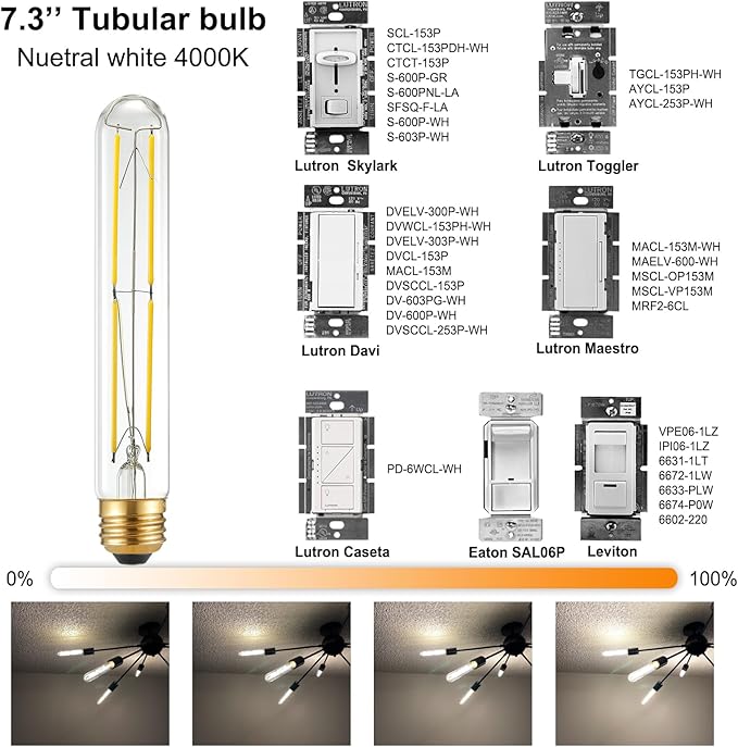Arberlic 7.3 Inch T10 LED Bulb,6W E26 LED Bulb dimmable Equivalent E26 Bulb 60 watt,Neutral White 4000K,600lm,CRI85+,AC120V,Clear Glass Long Tubular Light Bulb,Flicker-Free,Pack of 6 - Bloomnest