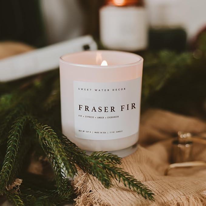 Sweet Water Decor Fraser Fir Candle - Evergreen, Fir, Cedar, and Cypress Winter Holiday Scented Soy Christmas Candles for Home - 11oz White Jar, 50+ Hour Burn Time, Made in The USA - Bloomnest
