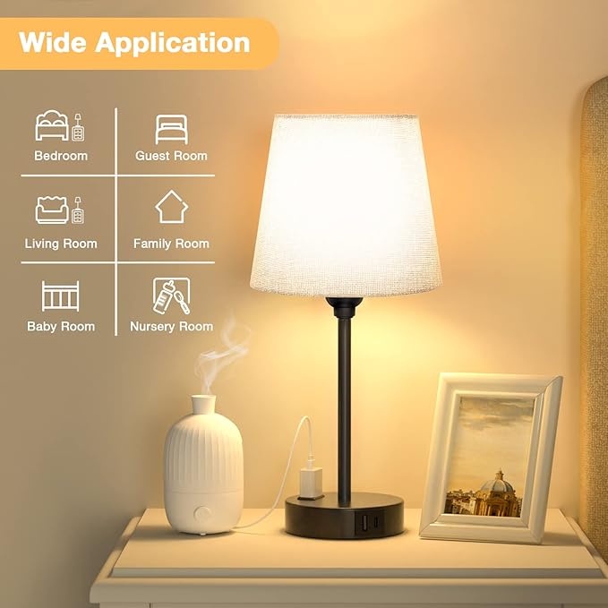 Grey Bedside Lamps for bedrooms Set of 2 - Nightstand Bedroom Lamp with USB C Port and AC Outlet Charging, 3 Way Dimmable Touch Control Small Bed Side Table Lamp, Night Stand Light for Kids/Guest Room - Bloomnest