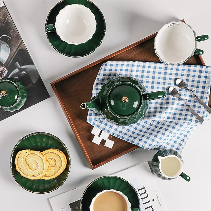 Sweejar Porcelain Tea Sets British Royal Series, 8 OZ Cups& Saucer Service for 6, with Teapot Sugar Bowl Cream Pitcher Teaspoons and Tea Strainer, Suitable for High Tea, Wedding, Party (Jade) - Bloomnest
